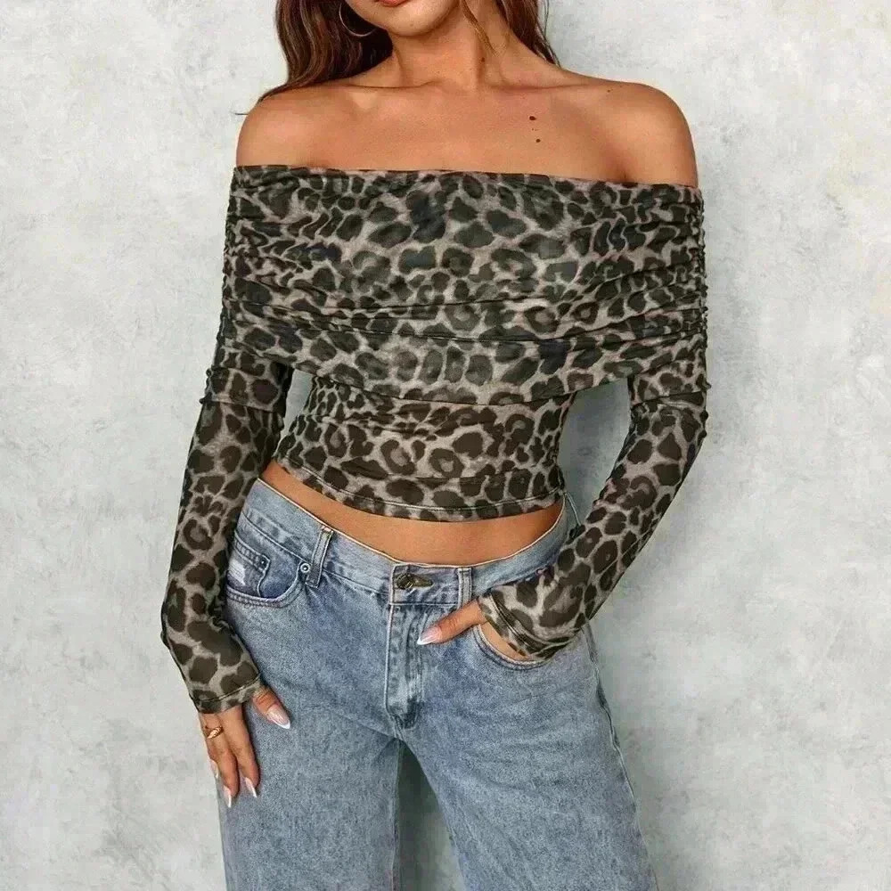 Multicolor Casual Women's Leopard Print Off-Shoulder Form-Fitting Top